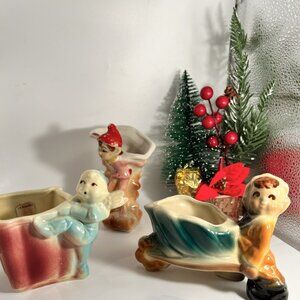 LOT *3 1940-50s Shawnee & Japan Pottery Mini Planters Whimsical Pixie Elf GREAT